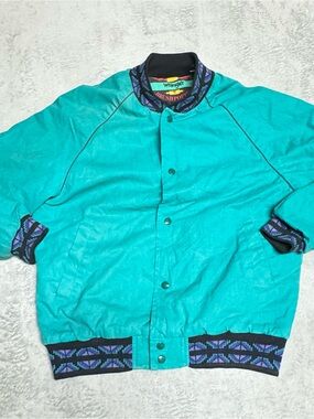 Vintage 80’s Wrangler Brushpopper Aztec Jacket Size M. Teal Southwestern.